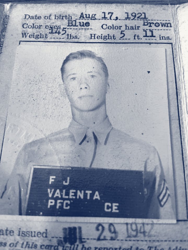 Army identification card photo of a young soldier, labeled F J Valenta, PFC, CE, issued July 29, 1942