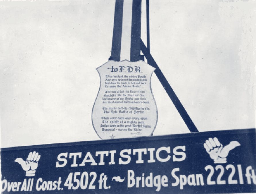 A painted shield headed To F.D.R. above a banner of bridge statistics