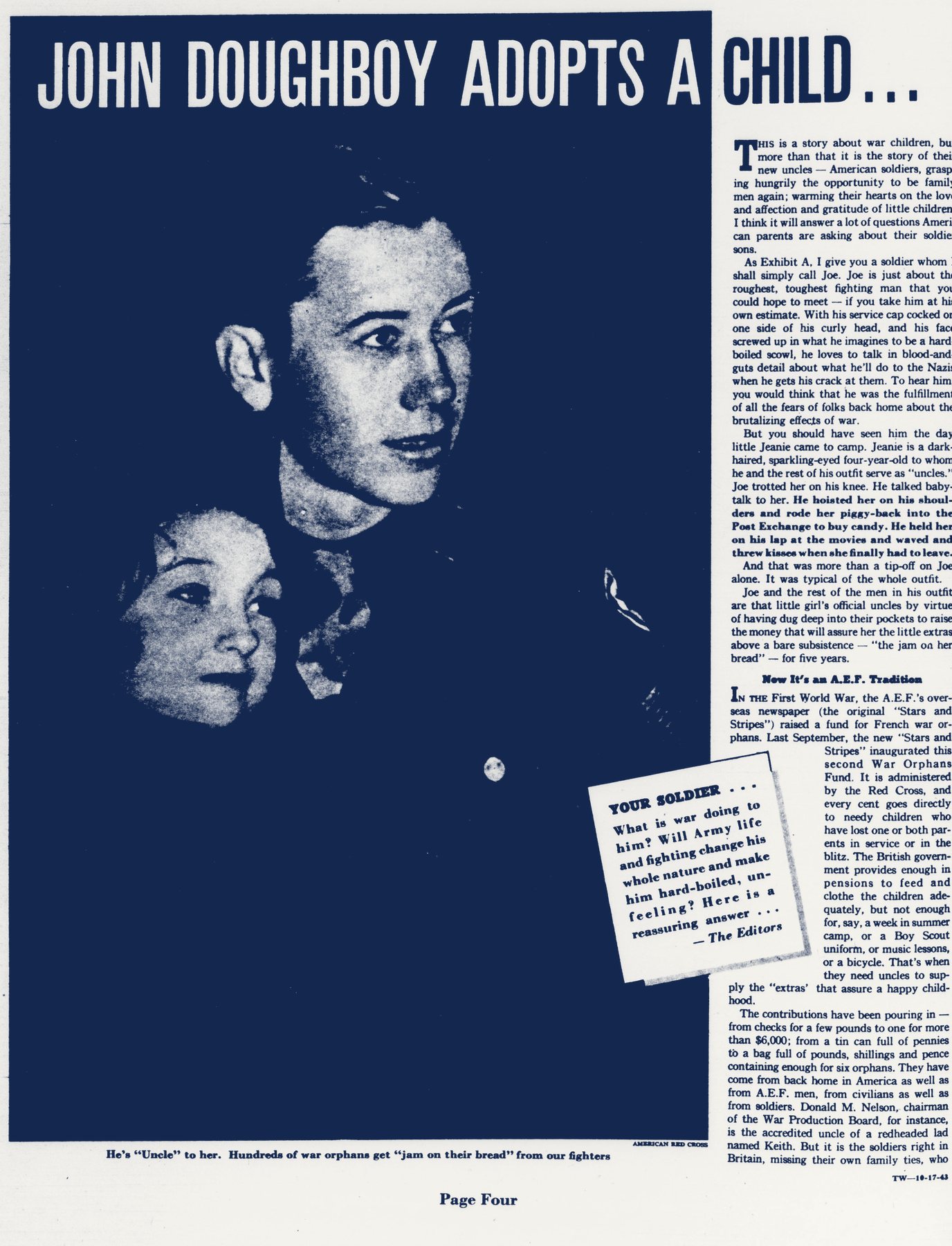 Magazine page headed John Doughboy Adopts a Child, with a large photo of a young soldier holding a small girl